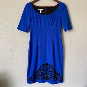 London Times Women's Blue Scoop Neck Solid Sheath Black Folk Art Mini Dress Sz 4